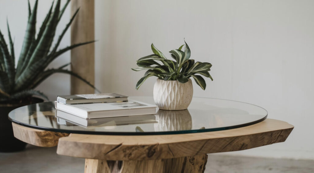 smart designer loungebord i træ og glas