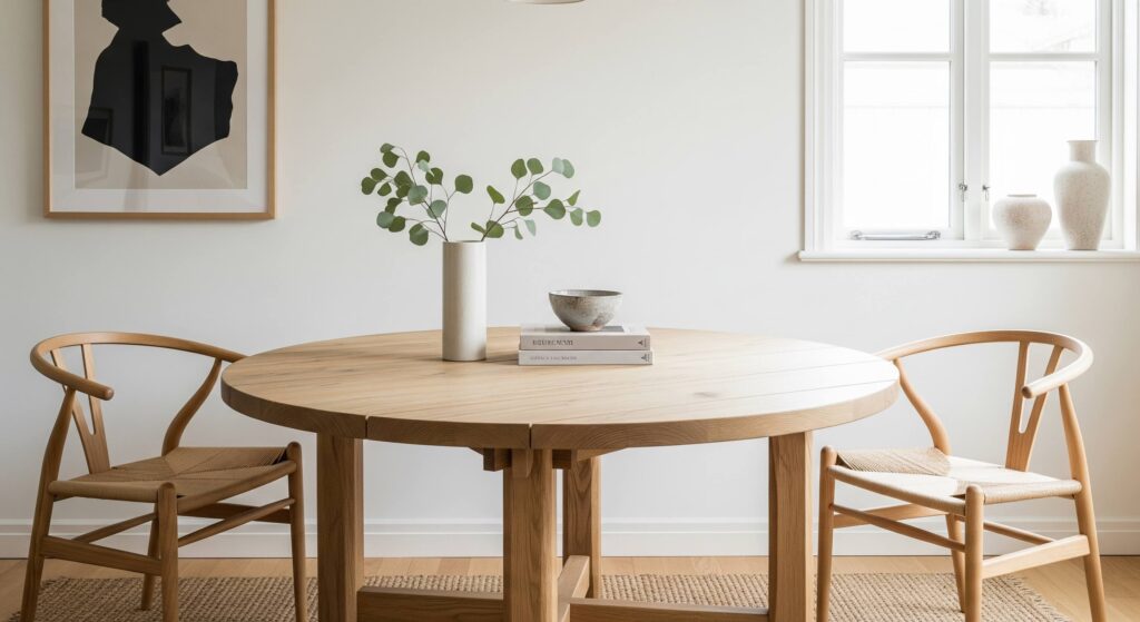 lækkert rundt træbord med designer stole rundt om