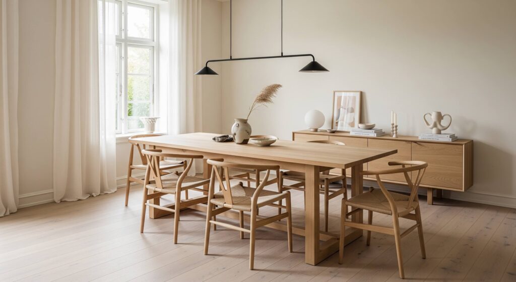 Dansk plankebord med wegner stole omkring det