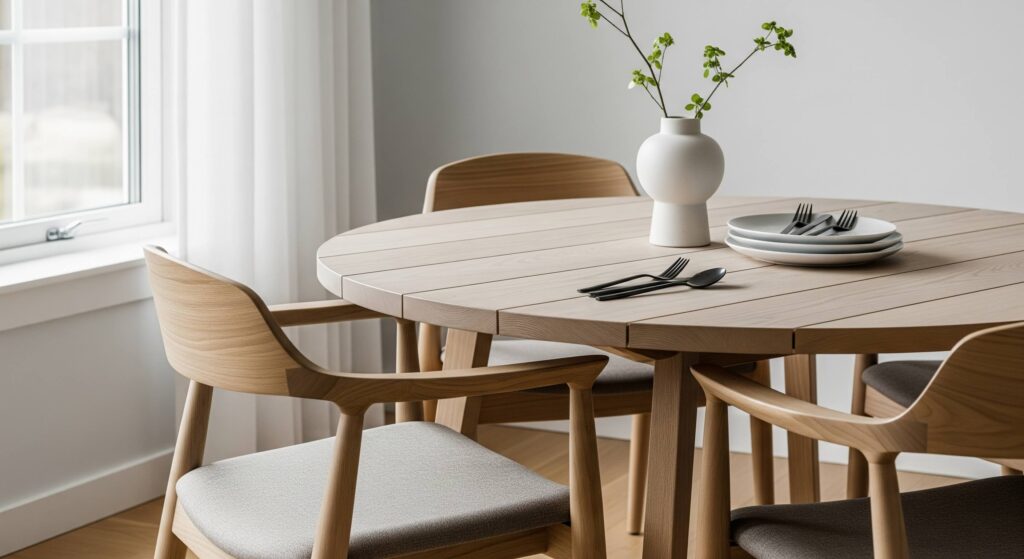 rundt plankebord med designer stole omkring bordet