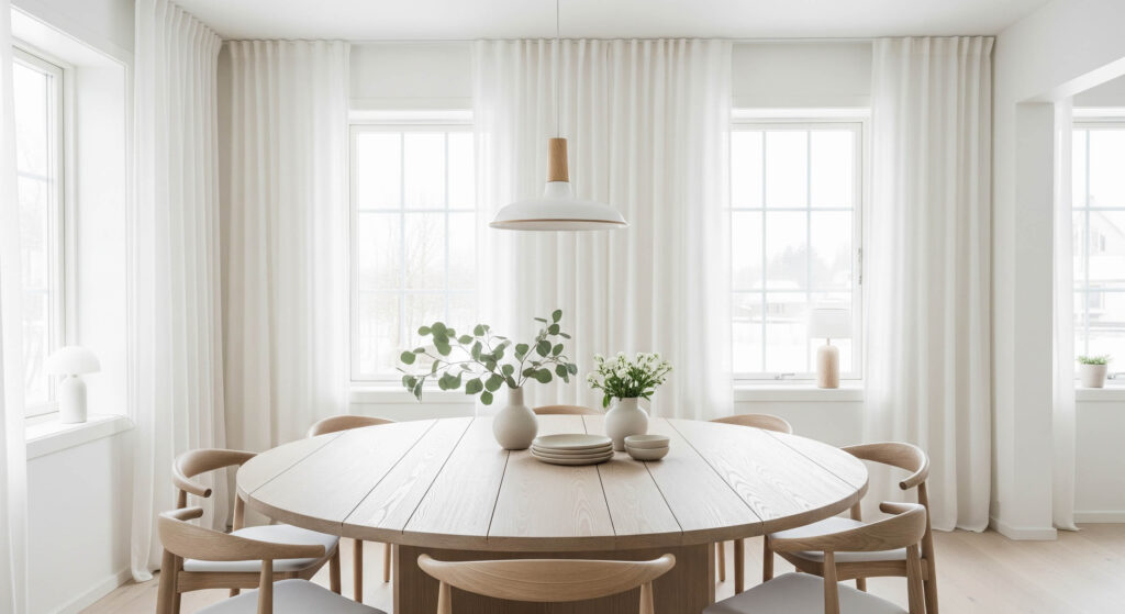 stort rundt plankebord i stuen